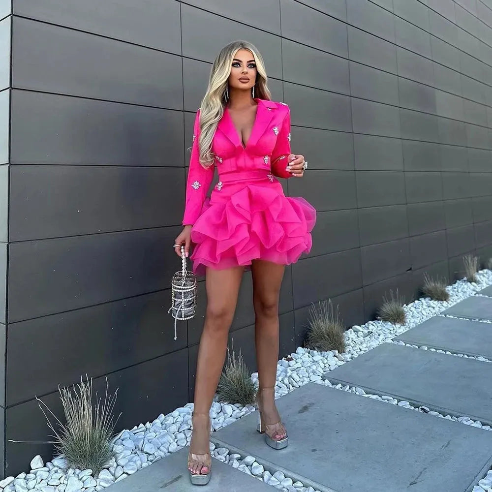 Hot Pink Chic Women Mini Cocktail Dresses Custom Made Beaded Short Prom Gown Formal Occasion Outfits Ladies Suit Birthday Dress Pink