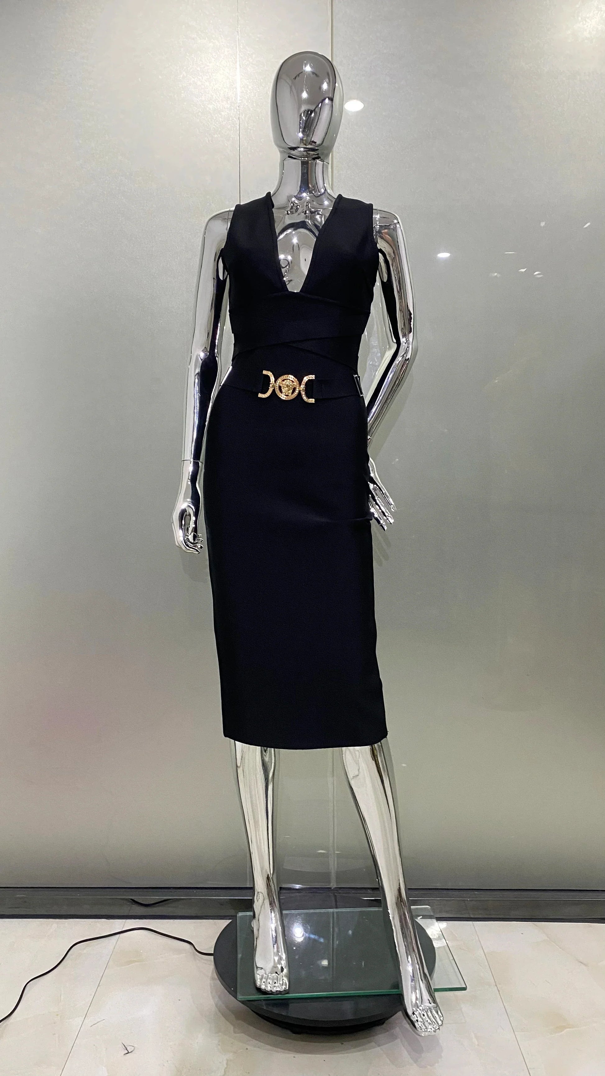 Fashion Diamond Girdle Sleeveless Package Hips Midi Calf Bandage Dress Elegant Woman Evening Dress Celebrity Party Vestido