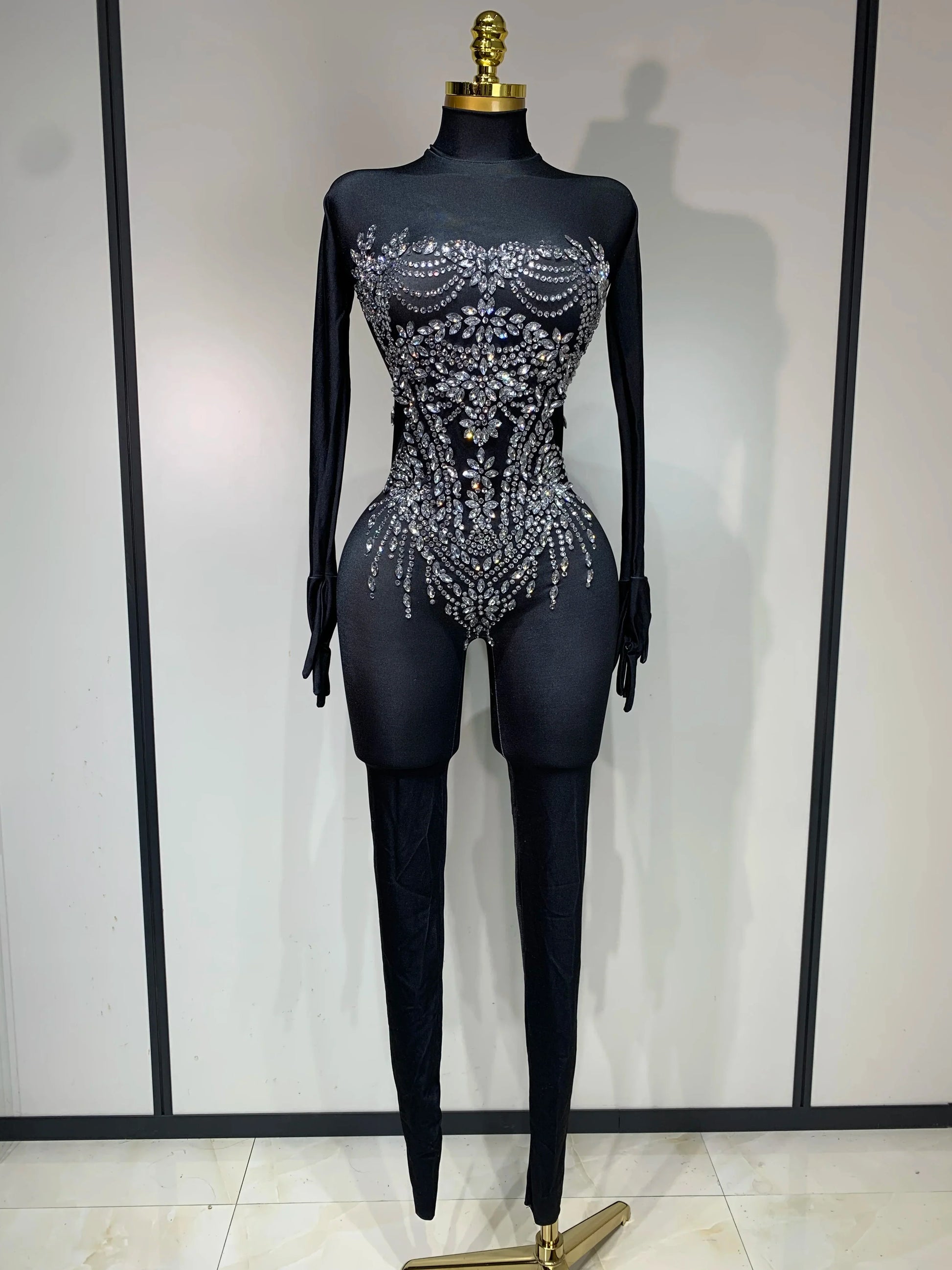 Women Sexy Nightclub Evening Party Drag Queen Singer Dancer Stage Performance Costume Luxury Rhinestone Stretch Jumpsuit style 1
