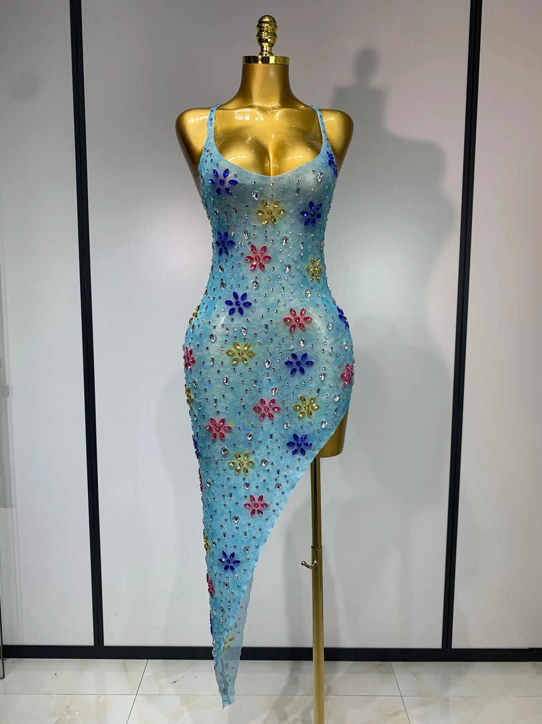 Newest Sexy Mesh High Split Sparkly Diamonds See Through Dress Luxury Birthday Dress Women Celebrate Party Stage Outfit SKY BLUE