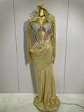 Stage Costume Sparkly Nightclub Gogo Party Dress Women Carnival Party Outfit Festival Cool Clothing Hoodie Dress Two Piece Set Gold