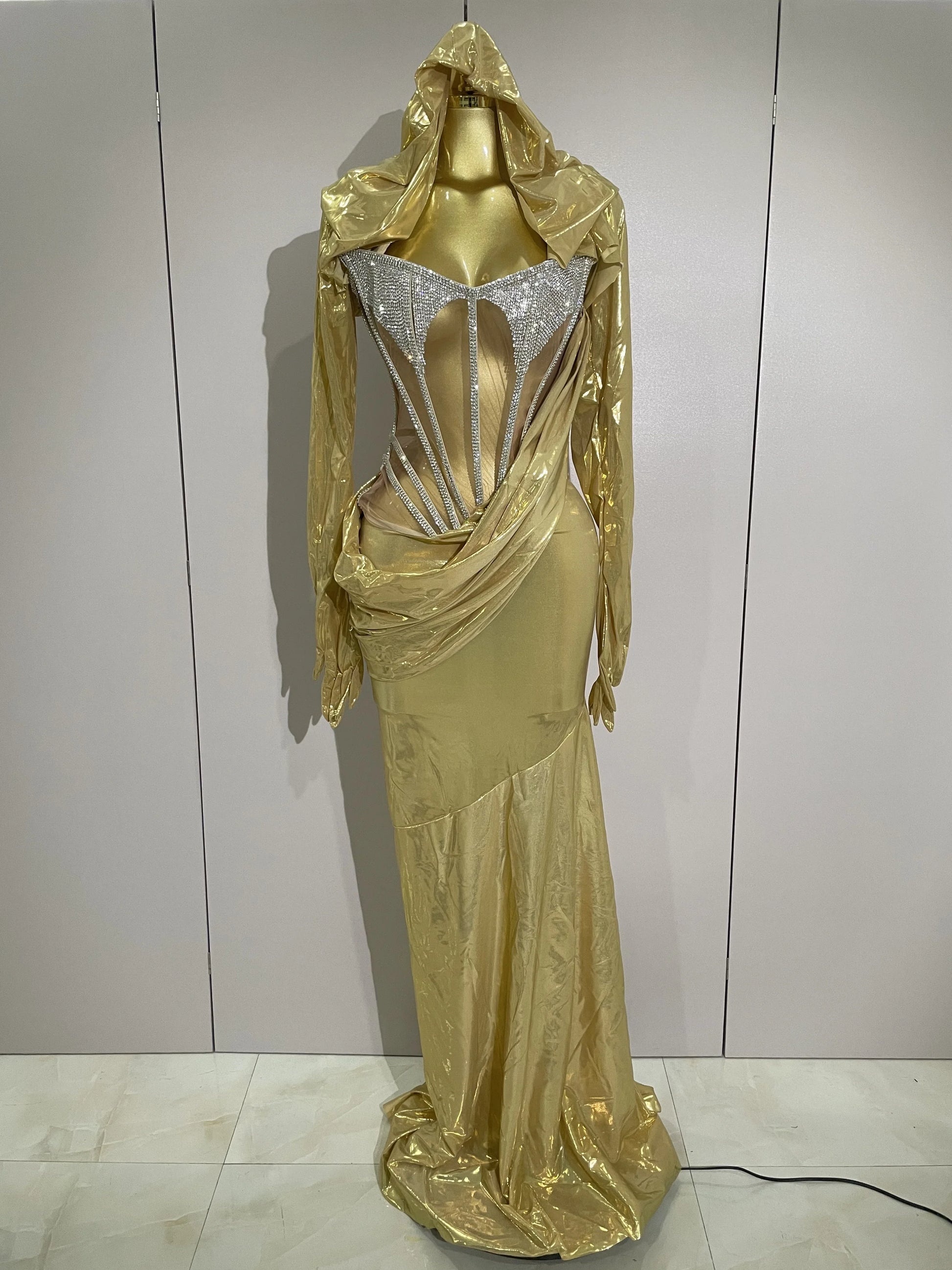 Stage Costume Sparkly Nightclub Gogo Party Dress Women Carnival Party Outfit Festival Cool Clothing Hoodie Dress Two Piece Set Gold