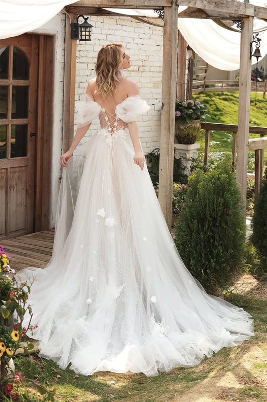 Shiny Off The Shoulder V-neck 3d Flower A Line Wedding Dresses Side Slit Custom Made Formal Bridal Grown 2024 Rode De Morrie