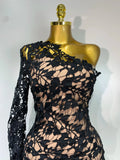 Women Sexy Lace Patchtop Bandage Dress Diagonal Collar Single Shoulder Long Sleeve Bodycon Dress Party Luxury Birthday Dresses