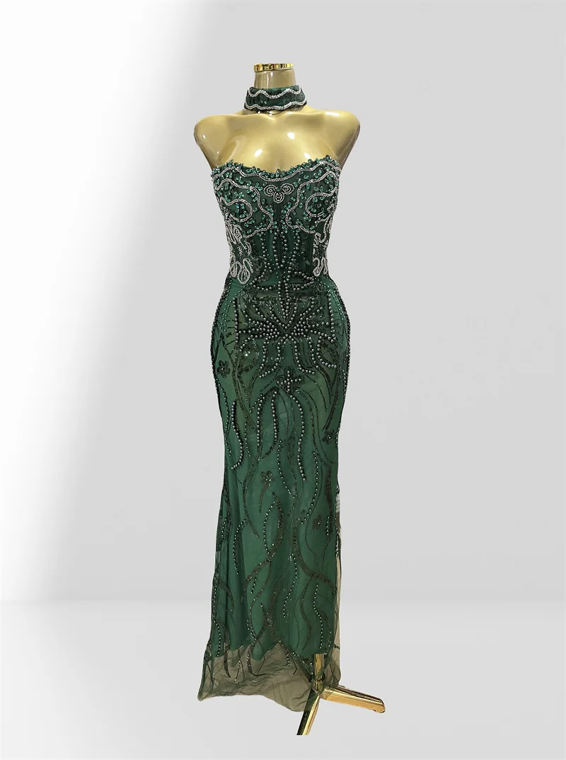 Luxury Green Women Gown Dress Celebrity Birthday Vestido Sparkling Diamond Pearl Beading Sequin Embroidery Floor Length Dress green