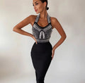 Exquisite Pearl Beading Halter Bodycon Knee Lenght Dress Graceful Woman Hips Package Bandage Dress Evening Party Vestido black