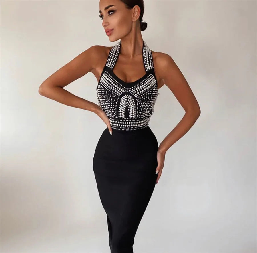 Exquisite Pearl Beading Halter Bodycon Knee Lenght Dress Graceful Woman Hips Package Bandage Dress Evening Party Vestido black