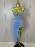 Newest Sexy Strapless Shinning Rhinestones Bodycon Bandage Long Dress Women Fashion Celebrate Evening Party Vestido SKY BLUE