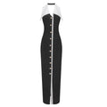 Formal Pearl Button Pleat A-line Black Midi Dress Color Contrasting Turndown Collar Single Breasted Party Evening Gowns black