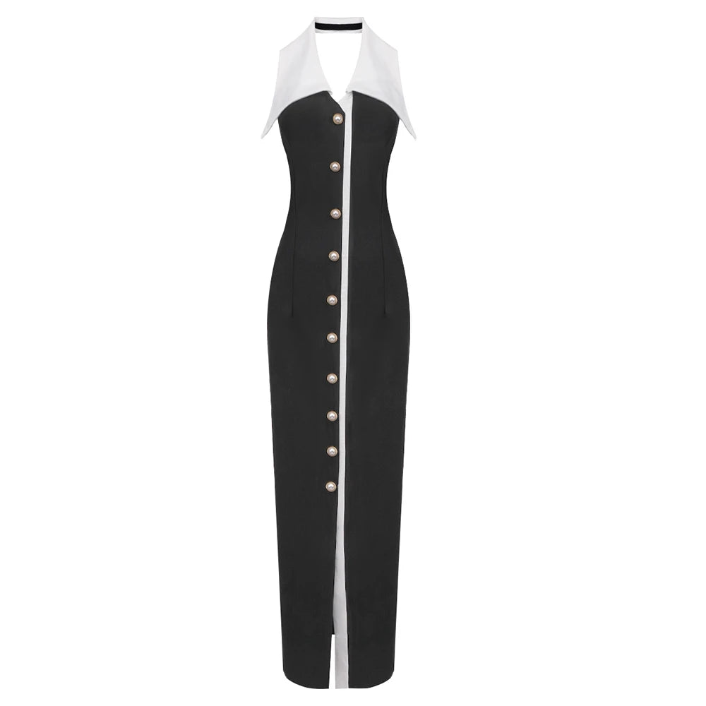 Formal Pearl Button Pleat A-line Black Midi Dress Color Contrasting Turndown Collar Single Breasted Party Evening Gowns black
