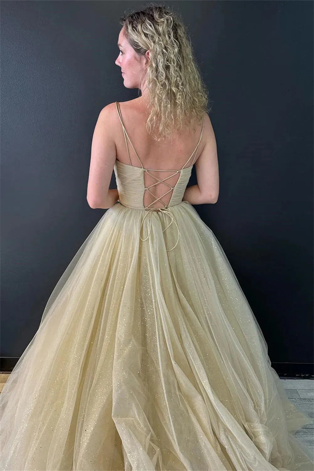 Champagne Tulle Prom Dresses Spaghetti Strap vestidos de noche Elegant Sleeveless Floor-Length V-neck Formal Evening as pic
