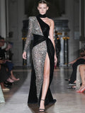 Sexy Sequin Patchwork Design Long Dress Halter Neck Draped One Shoulder Long Sleeve Split Maxi Evening Party Gowns