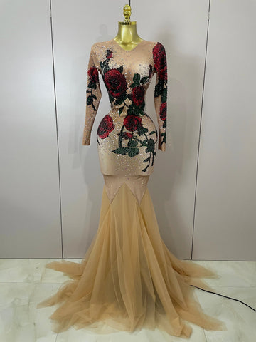 Sexy Shiny Rhinestone Rose Floral Floor-Length Dress Evening Women Eveing Celebrate Birthday Party Nightclub Performance Costume MULTI