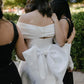 فساتين قصيرة لحفلات الزفاف بدون أكتاف وأكمام طويلة فساتين عرائس للنساء بفيونكة كبيرة ثنيات على شكل حرف a فستان كوكتيل