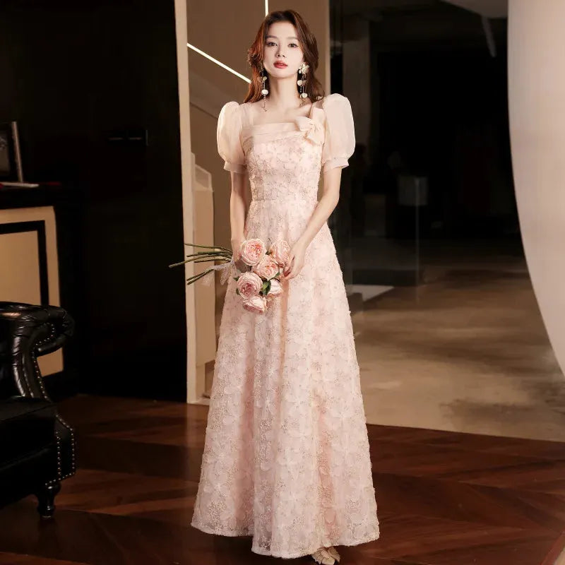 Bridal Wedding Dress Lace A Version Temperament Banquet Evening Dress Back Zipper Sexy Slim Puff Sleeve Maxi Dresses Party Dress As picture 50cm | cn