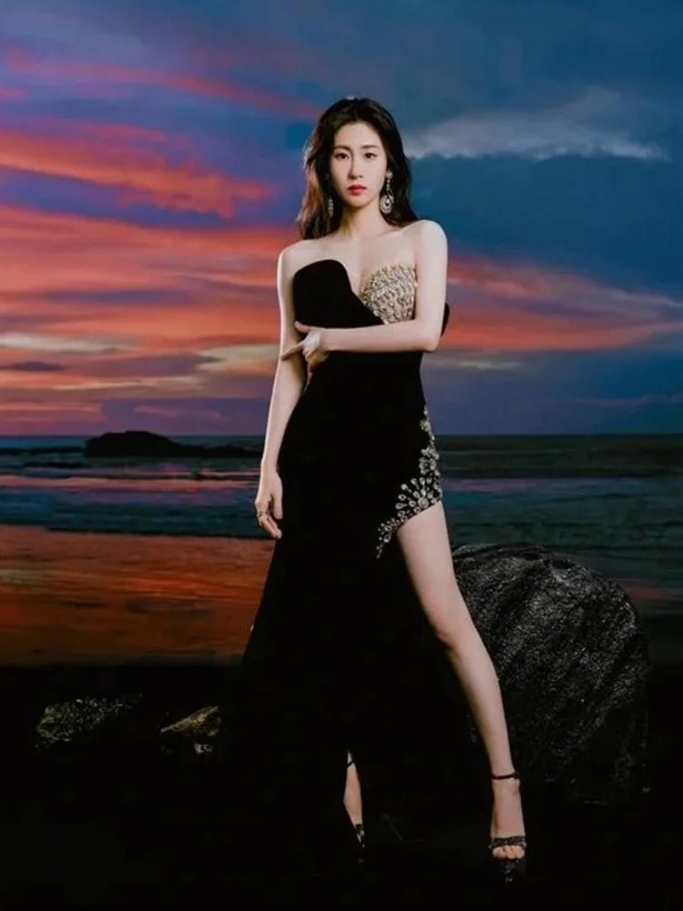 Luxury Shining Diamonds Sexy High Slit Stapless black velvet Long Dress Elegant Woman Birthday Party Dress Goddess Vestido black