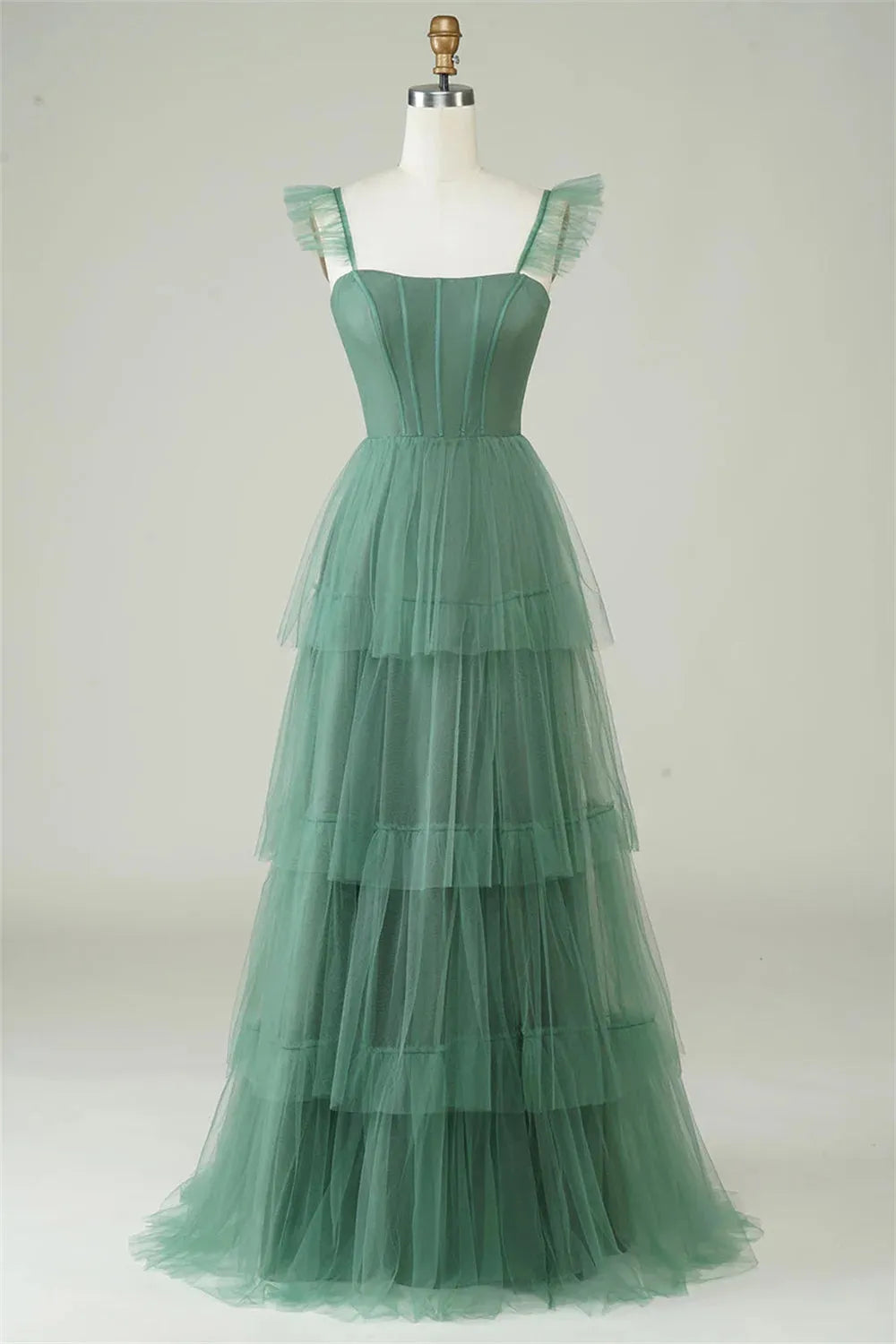 V-Neck Tulle Prom Dress - Long Formal Gown With Ruffles, Wide Straps, Back Lace-Up For Women - Bridesmaid & Evening Party - View #12