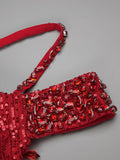 Red Diamonds Mermaid Dress Beaded Diagonal One-shoulder High Split Crystals Details Maxi Banquet Evening Party Gown