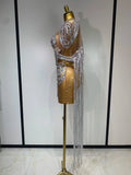 Sparkly Rhinestones Tassel Sexy Mesh Transparent Short Dress Women Evening Party Luxury Birthday Nightclub Singer Stage Costume