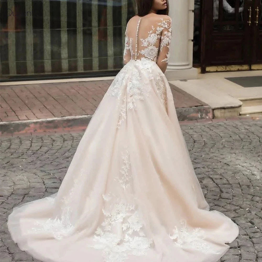 Vestidos de noiva requintados para mulheres A-line Luxury Bridal Vestys Apliques de renda de Mangas compridas O-pescoço vintage vestidos de Novia