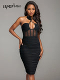 Sexy Women'S Black Chiffon Dress Hanging Neck Style Sleeveless Three-Dimensional Flower Design Bodycon Backless Mini Dress