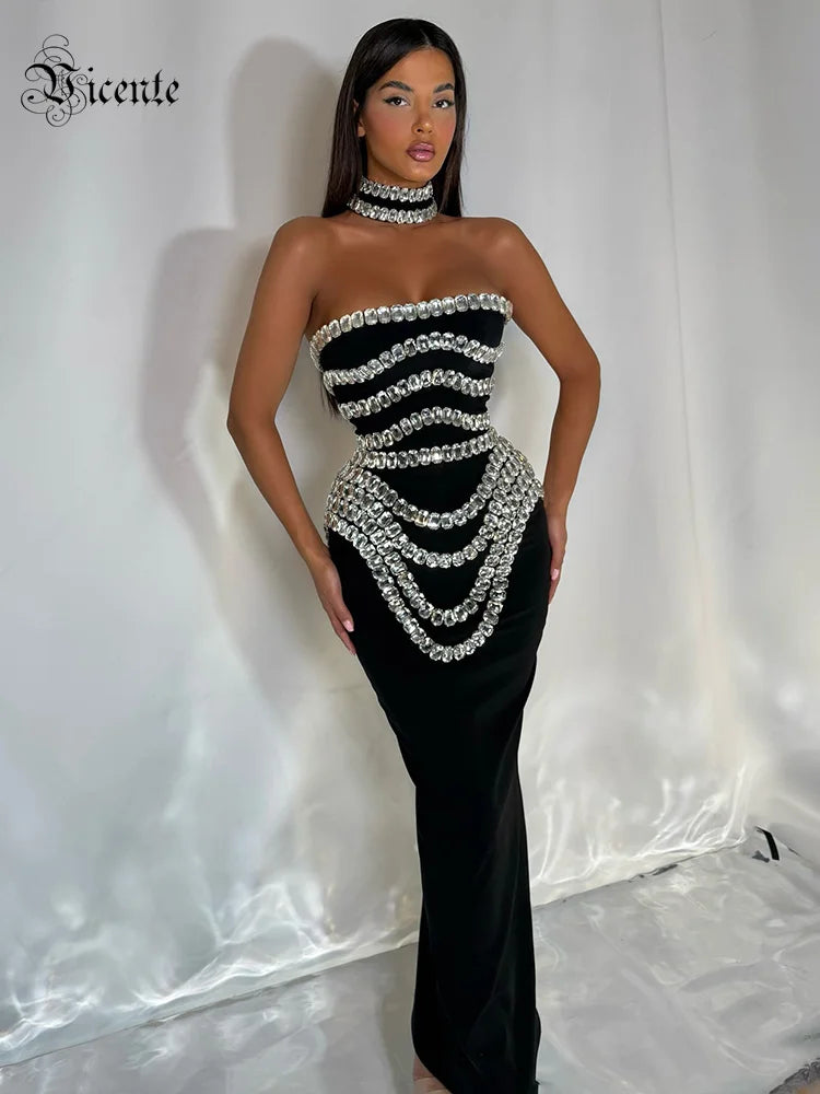 Black Strapless Long Dress Diamonds Embellished Bodycon Bandage Prom Celebrity Party Evening Gowns Dropshipping