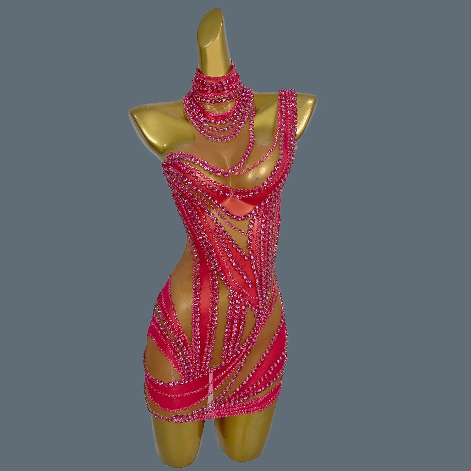 Hot Girl Sparkly Rhinestone Mini Dress Sexy Mesh See Through Party Event Prom Celebrate Birthday Dress Singer Show Wear Liuzhuan Rose Red One Size