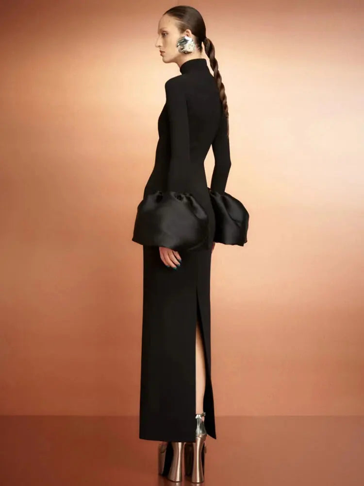 Elegant Women's Black Maxi Dress Stand up Neck Flare Sleeves Bodycon Bandage Long Dresses Cocktail Evening Party Vestidos