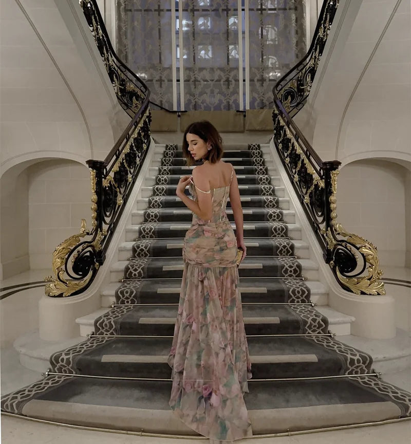 Print Flowers Color Women Sexy Halter Off the Shoulder Bodycon Long Maxi Dress Beach Style Vacation Birthday Party Outfit