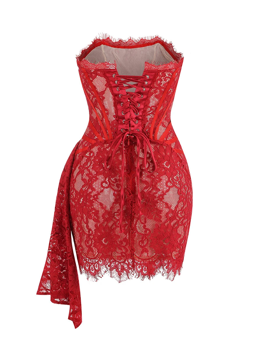 Christmas Dress For Women Red Lace Sexy Strapless Sleeveless Slim Supper Short Dress With Lace-Up Red