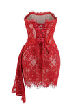 Christmas Dress For Women Red Lace Sexy Strapless Sleeveless Slim Supper Short Dress With Lace-Up