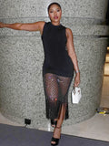Glamorous Black Sleeveless Dress with Mesh and Fringe Detail Fashion Evening Gown