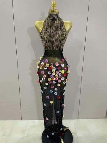 Sparkly Rhinestones Flowers Sexy See Through Long Dress Women Birthday Celebrate Wedding Evening Prom Dress Photo Shoot Wear MULTI