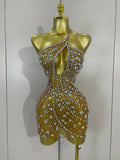 Women Sparkly Big Crystal Sexy Off the Shoulder Mesh See Through Mini Dress Nightclub Party Celebrate Birthday Dress Gold