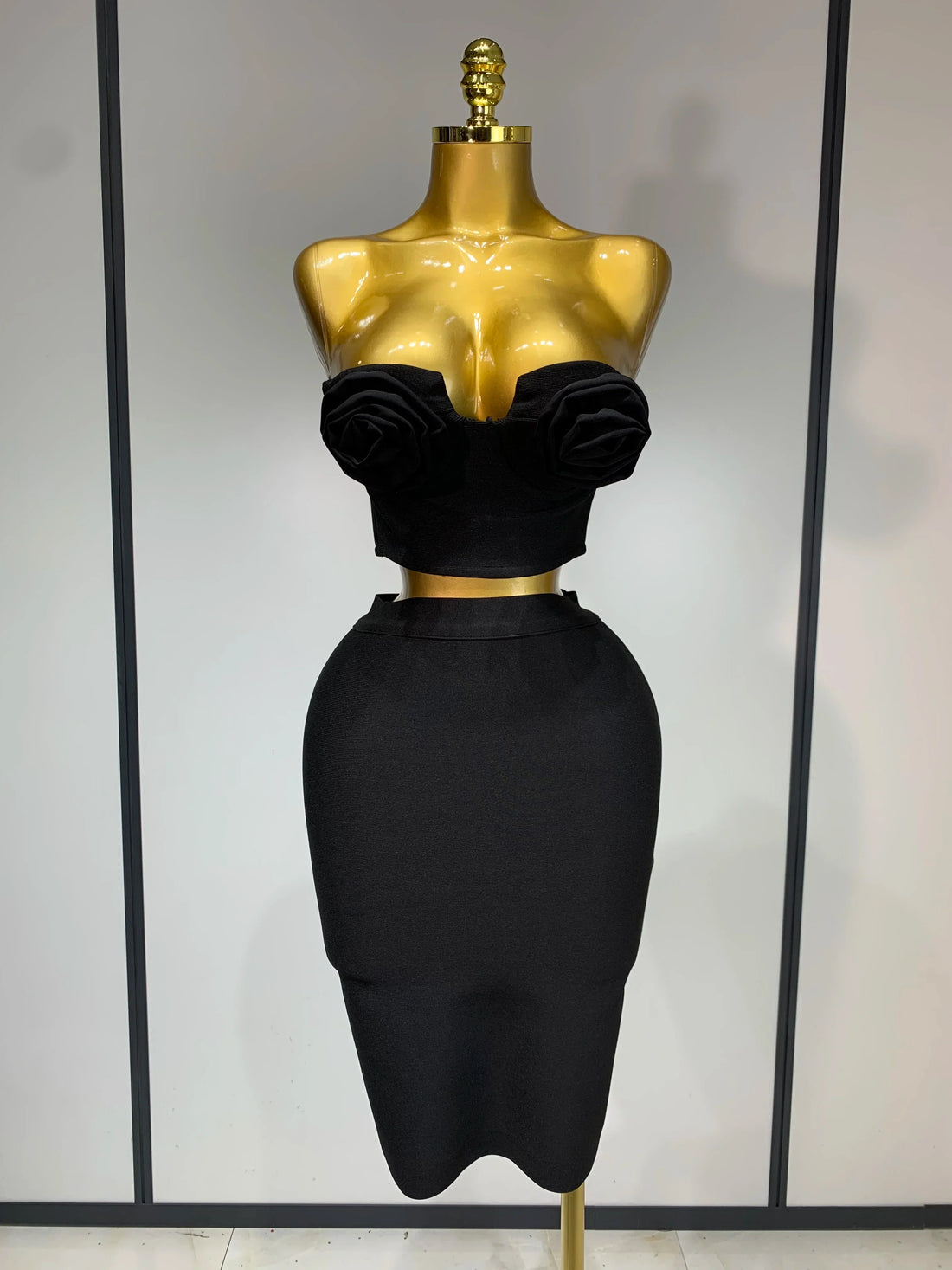 Women 3D Flower Black Bodycon Bandage Two Piece Set Designer High Waist Evening Party Club Birthday Skirt Set black