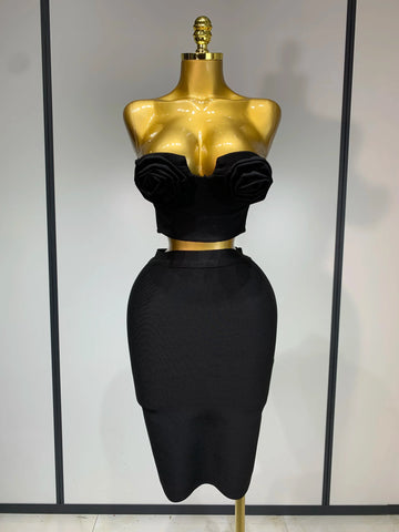 Women 3D Flower Black Bodycon Bandage Two Piece Set Designer High Waist Evening Party Club Birthday Skirt Set black