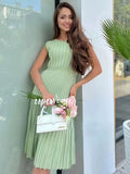Listing Elegant Striped Knit Dress Women O-neck Sleeveless A-line Dresses Club Evening Party Midi Vestido