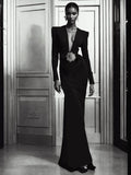 Black Maxi Dresses Women Sexy Deep V Neck Long Sleeves Gowns Runway Party Wear Spring New Fashion