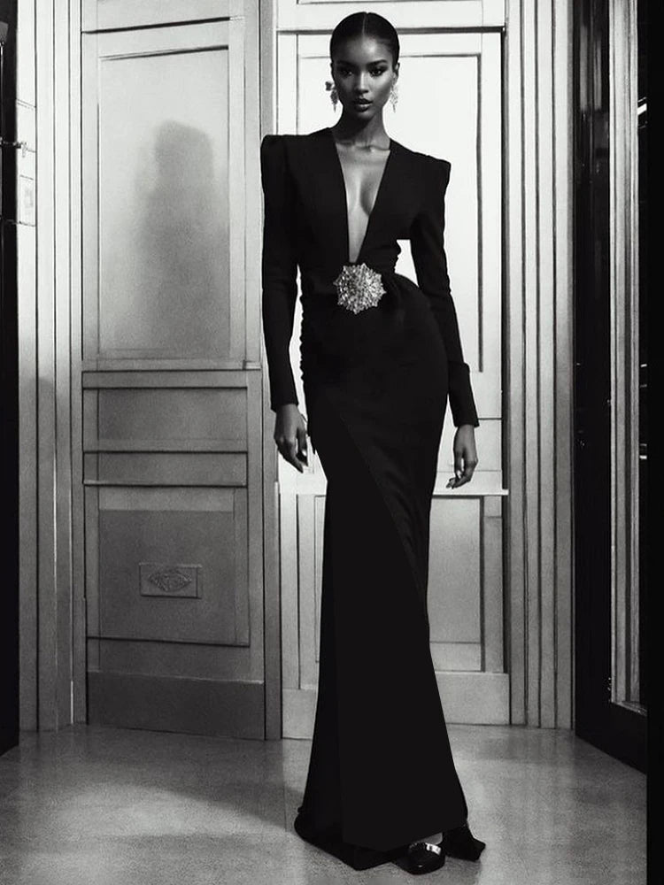 Black Maxi Dresses Women Sexy Deep V Neck Long Sleeves Gowns Runway Party Wear Spring New Fashion