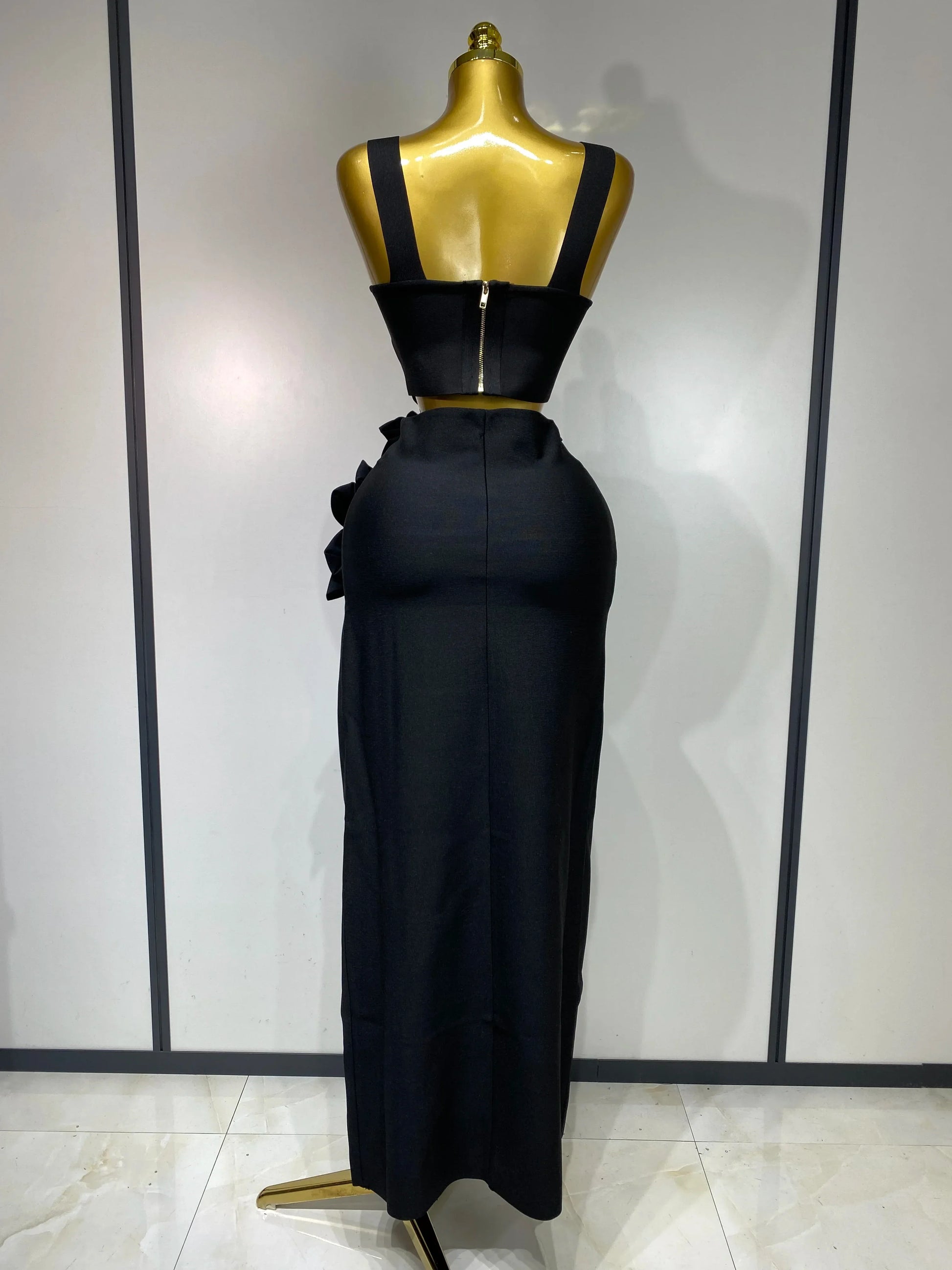 Summer Women Sexy Flower Black Red Bandage Two Piece Set Celebrity Evening Party Skirt Suits Luxury Birthday Outfit