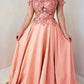 Floral Pink Prom Dresses Lace Sheer Neck Off Shoulder O-Neck A Line Satin Floor Length Party Homecoming Evening Gowns