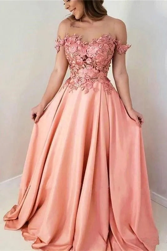 Floral Pink Prom Dresses Lace Sheer Neck Off Shoulder O-Neck A Line Satin Floor Length Party Homecoming Evening Gowns