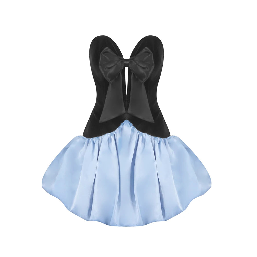 Glamorous Black and Baby Blue V-neck Strapless Corset Mini Dress Party Evening Gown AS PIC