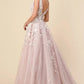 Sky Blue Pink Glitters Tulle Evening Dresses Ivory Floral Lace Applique V Neck Sleeveless Long Floor Length Zipper Party Prom Gowns