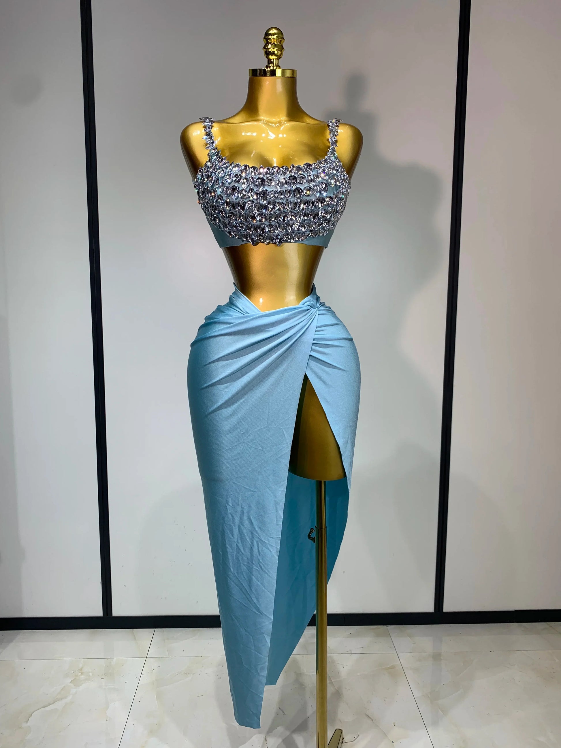 Women Sexy Two Pieces Set Stretched Crystal Diamonds Nightclub Singer Dancer Stage Performance Costume Evening Party Skirt Suits SKY BLUE