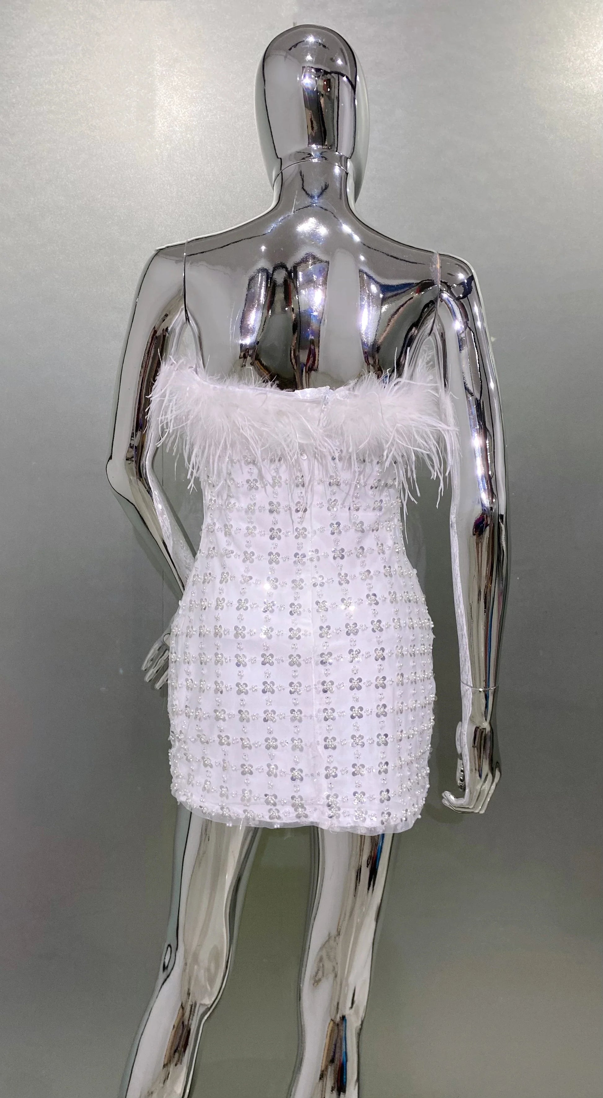 Luxury Feather Sequins Beading White Strapless Mini Dress Celebrity Birthday Party Evening Dress Wedding Party outfit