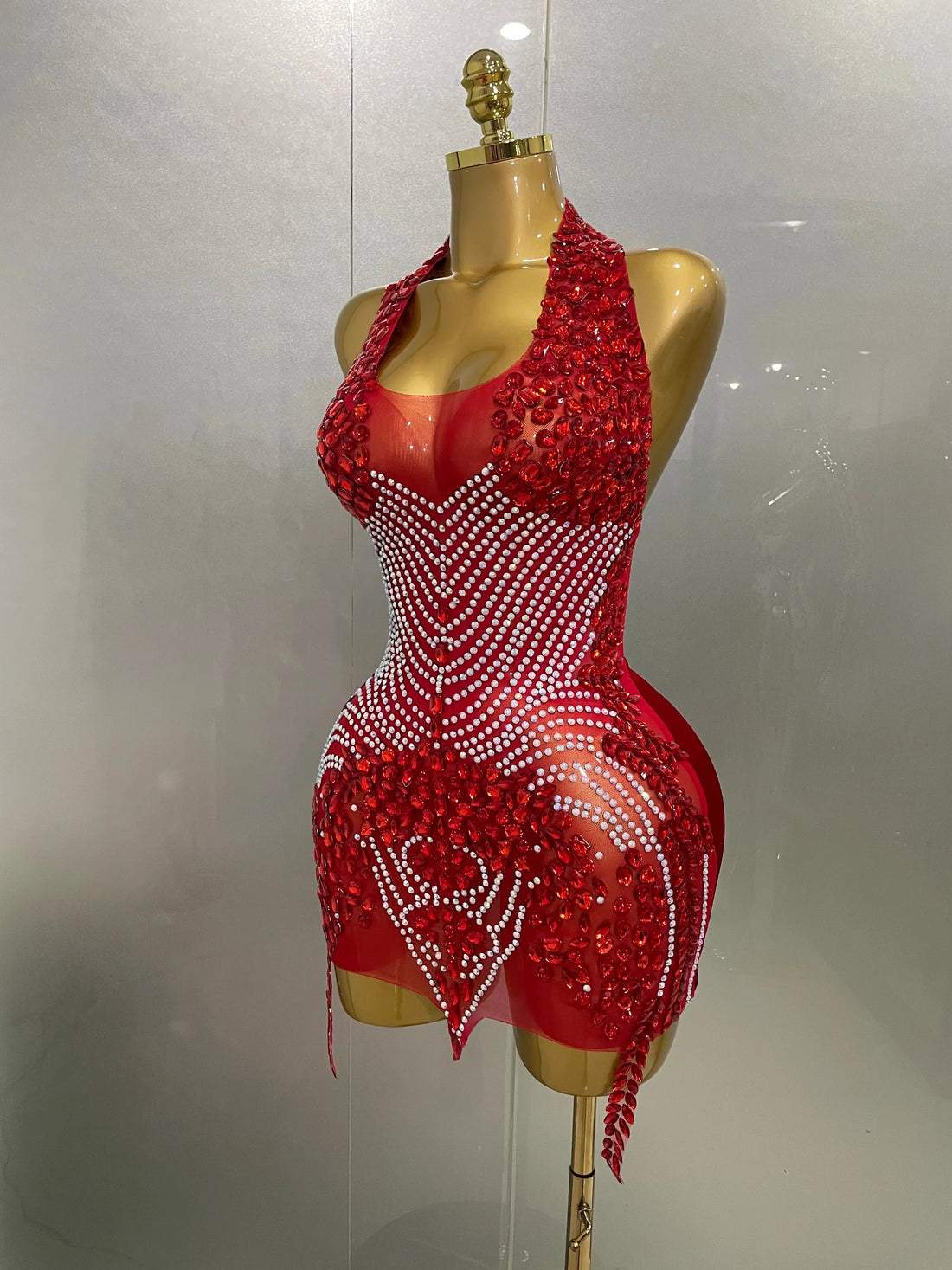 Sexy Sparkly Rhinestones Halter Backless Mesh Velour Short Dress Women Evening Prom Celebrate Birthday Party Stage Wear Red