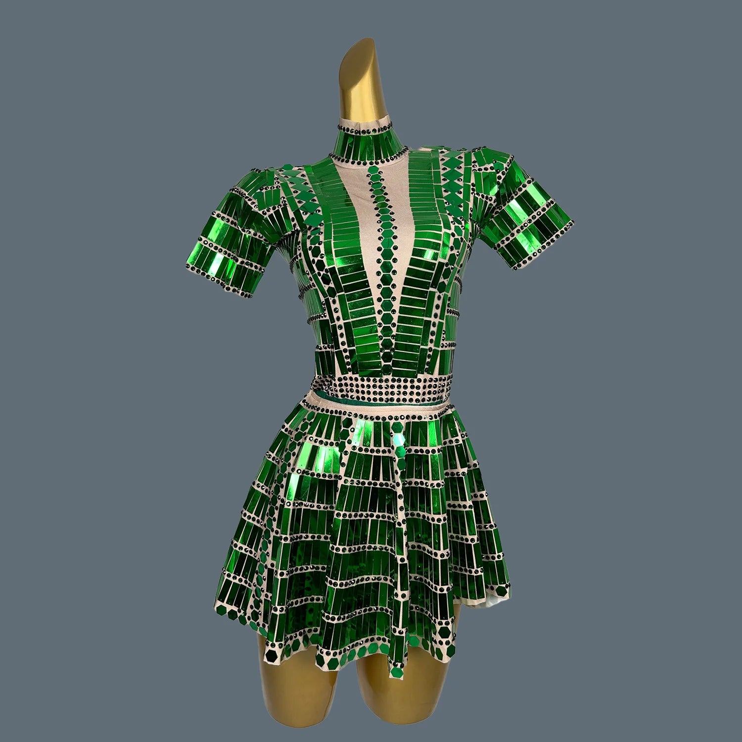Mirrors Sequins Party Mini Spandex Mini Dress for Women Club Stage Dance Wear Party Celebrate Dress Dancer Show Lianghuanghuang green