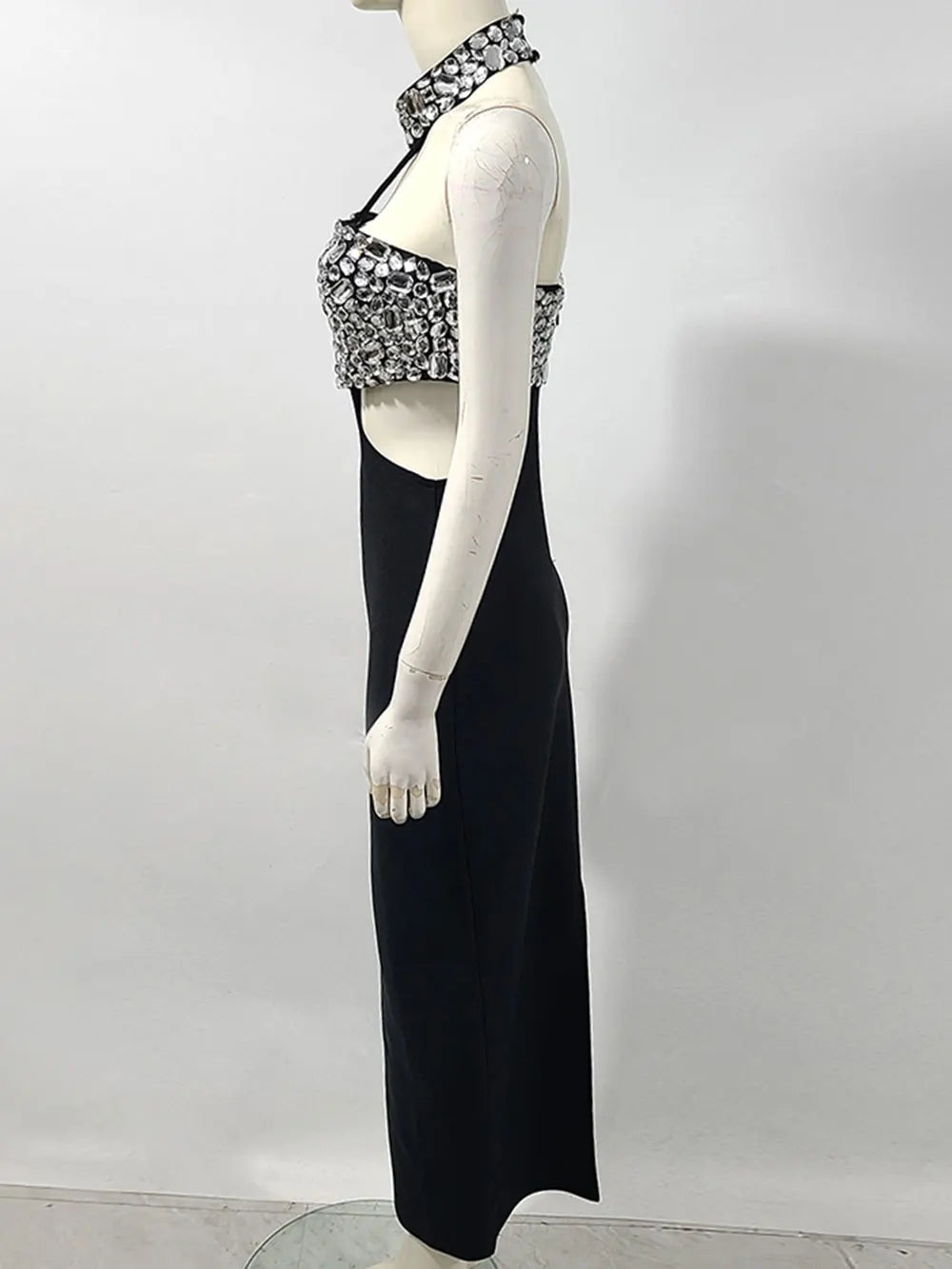 Sexy Women's Light Luxury Nail Bead Design Bandage Dress Hanging Neck Sleeveless Waist Design Bodycon Long Dress Vestitos black