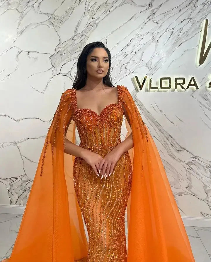 Orange Beading Mermaid Prom Dress with Cape Shawl فساتين مناسبة رسمية Arabic Dubai Luxury Evening Party Dresses Custom Made Orange